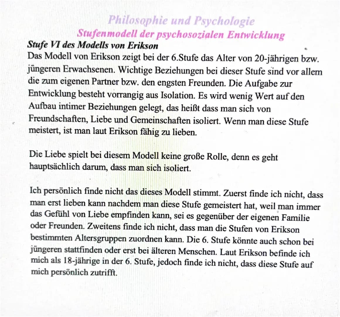 Philosophie und Psychologie
Stufenmodell der psychosozialen Entwicklung
Stufe VI des Modells von Erikson
Das Modell von Erikson zeigt bei de