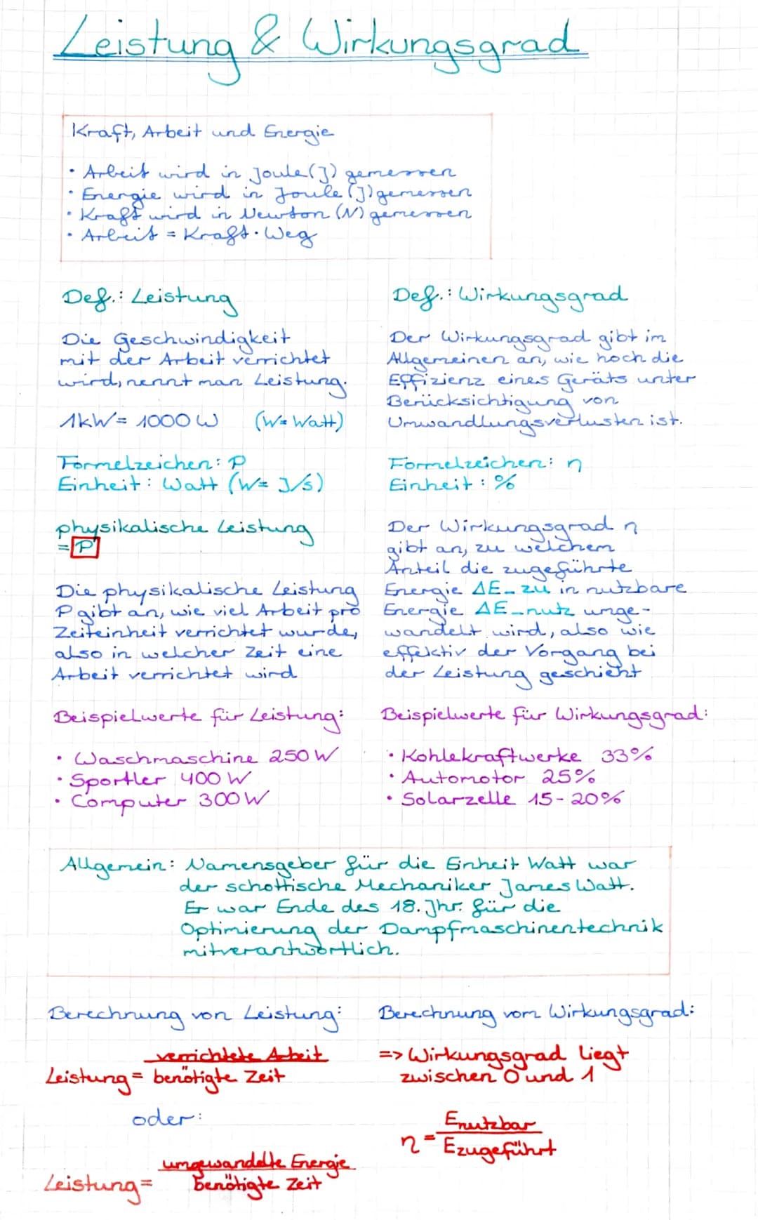 Leistung & Wirkungsgrad
Kraft, Arbeit und Energie
• Arbeit wird in Joule (J) gemessen
• Energie wird in Joule (J) gemessen.
• Kraff wird in 