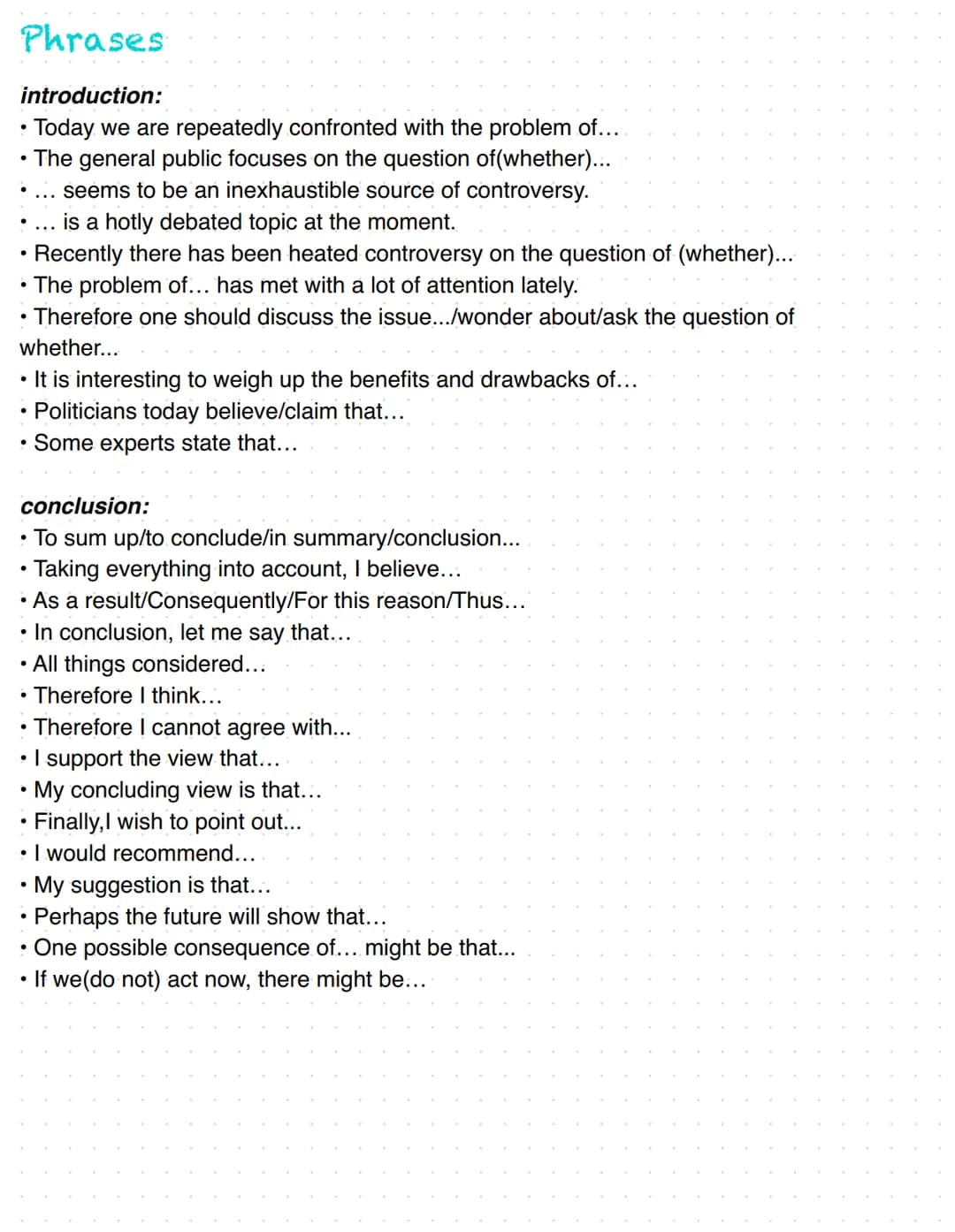 Argumentative Essay English
Schritt 1)
Sammle Ideen, Notizen, Beispiele, Argumente, Erklärungen etc. und ordne sie in einer logischen Reihen