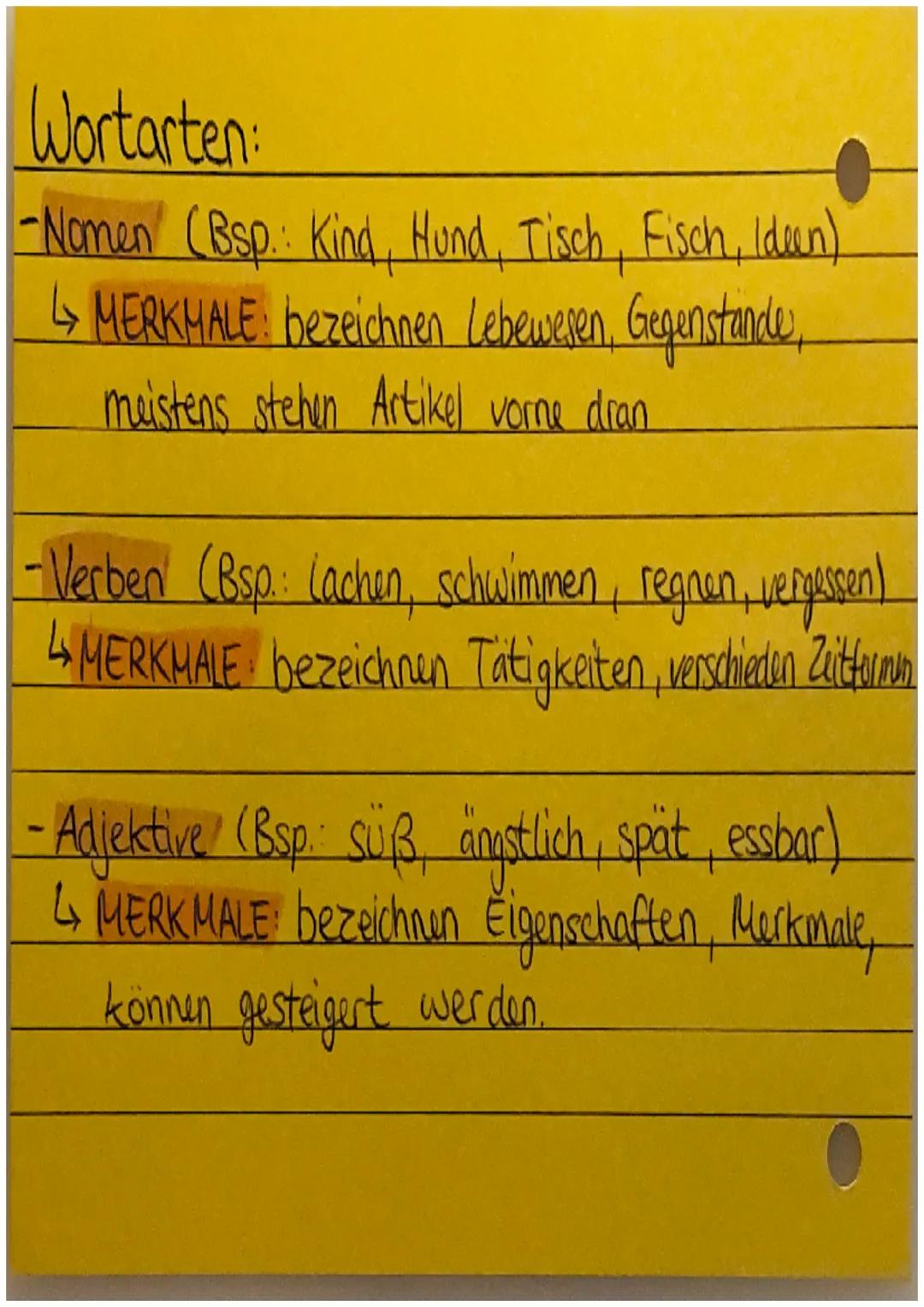 Wortarten:
-Nomen (Bsp.: Kind, Hund, Tisch, Fisch, Ideen)
↳ MERKHALE: bezeichnen Lebewesen, Gegenstande,
meistens stehen Artikel vorne dran
