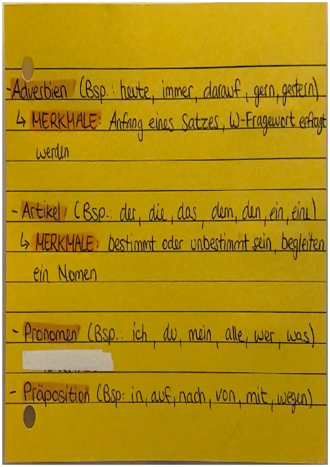 Wortarten:
-Nomen (Bsp.: Kind, Hund, Tisch, Fisch, Ideen)
↳ MERKHALE: bezeichnen Lebewesen, Gegenstande,
meistens stehen Artikel vorne dran

