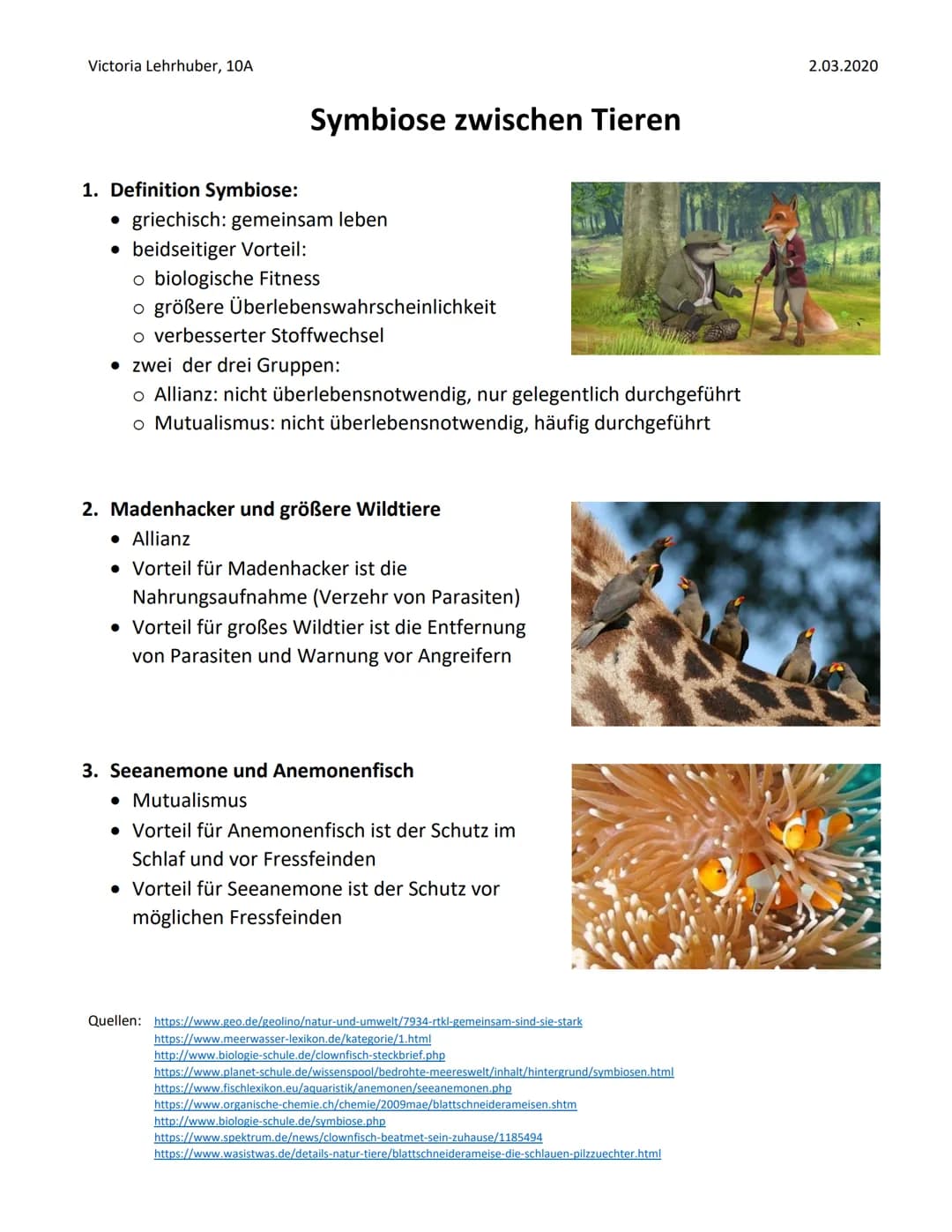 Helfen sich verschiedene
Tierarten eigentlich
gegenseitig? Victoria Lehrhuber, 10A
1. Definition Symbiose:
Symbiose zwischen Tieren
●
griech