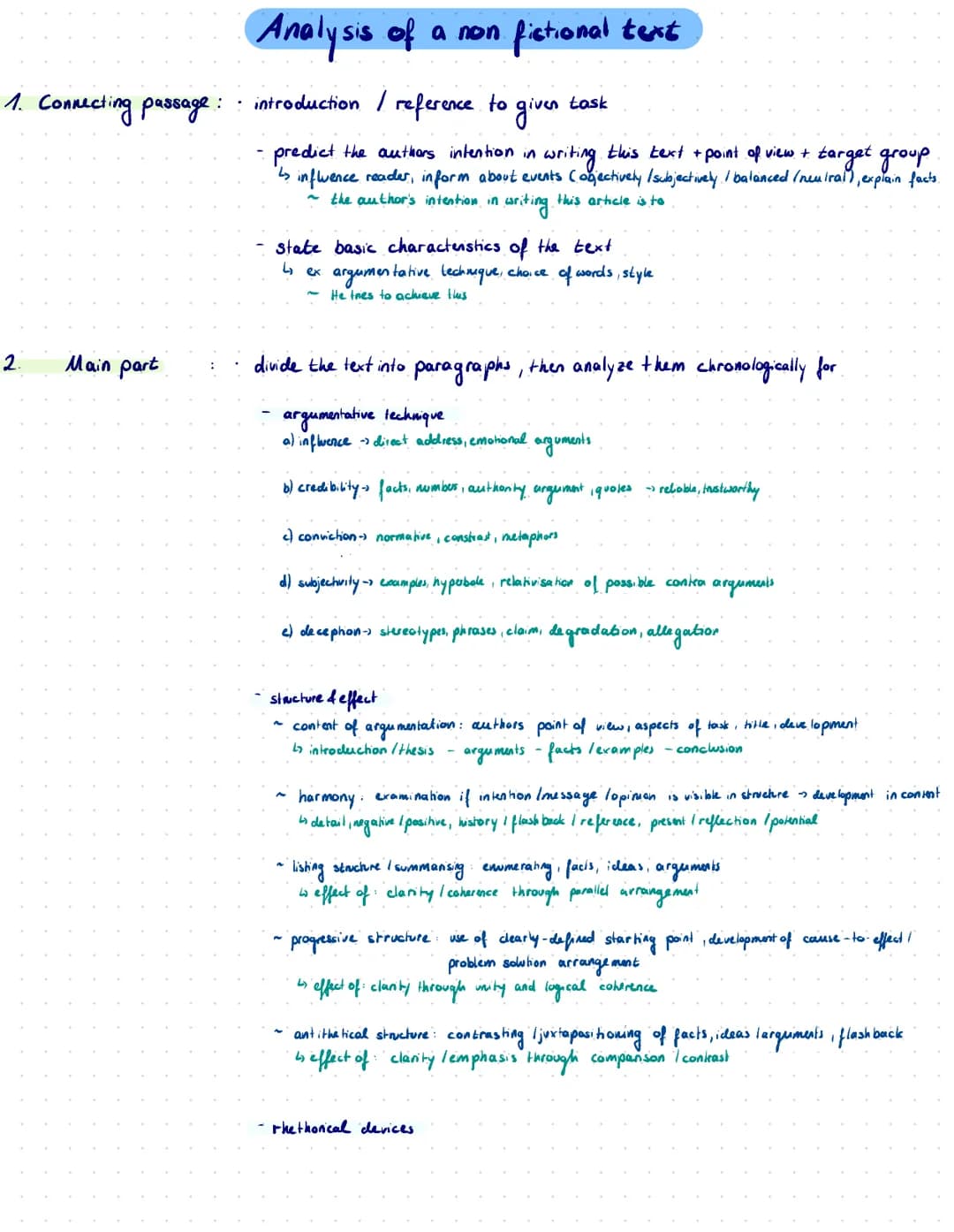 1. Connecting passage:
2.
Main part
Analysis of a non fictional text
• introduction / reference to given
predict the authors intention in wr
