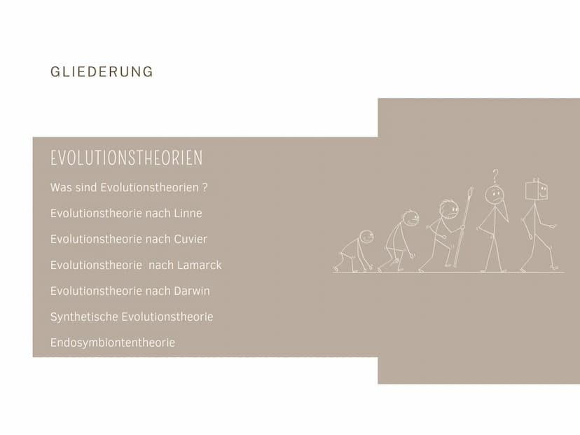 EVOLUTIONSTHEORIEN
Von Kilian und Aleyna BRAINSTORMING
li
BRAINSTORMING
8 GLIEDERUNG
EVOLUTIONSTHEORIEN
Was sind Evolutionstheorien ?
Evolut