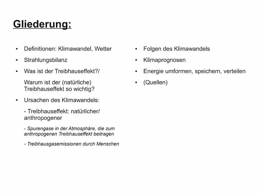 Klimawandel
Rosa Karabacak, 9c Gliederung:
●
●
Definitionen: Klimawandel, Wetter
Strahlungsbilanz
Was ist der Treibhauseffekt?/
Warum ist de