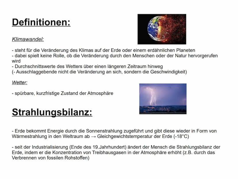 Klimawandel
Rosa Karabacak, 9c Gliederung:
●
●
Definitionen: Klimawandel, Wetter
Strahlungsbilanz
Was ist der Treibhauseffekt?/
Warum ist de