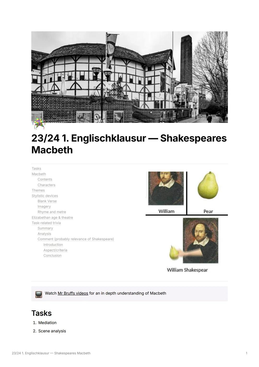 23/24 1. Englischklausur - Shakespeares
Macbeth

Tasks
Macbeth
Contents
Characters
Themes
Stylistic devices
Blank Verse
Imagery
Rhyme and me