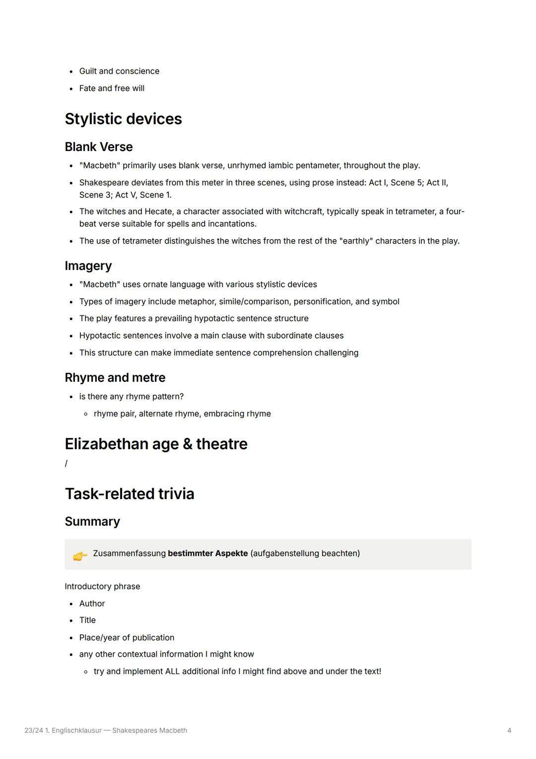 23/24 1. Englischklausur - Shakespeares
Macbeth

Tasks
Macbeth
Contents
Characters
Themes
Stylistic devices
Blank Verse
Imagery
Rhyme and me