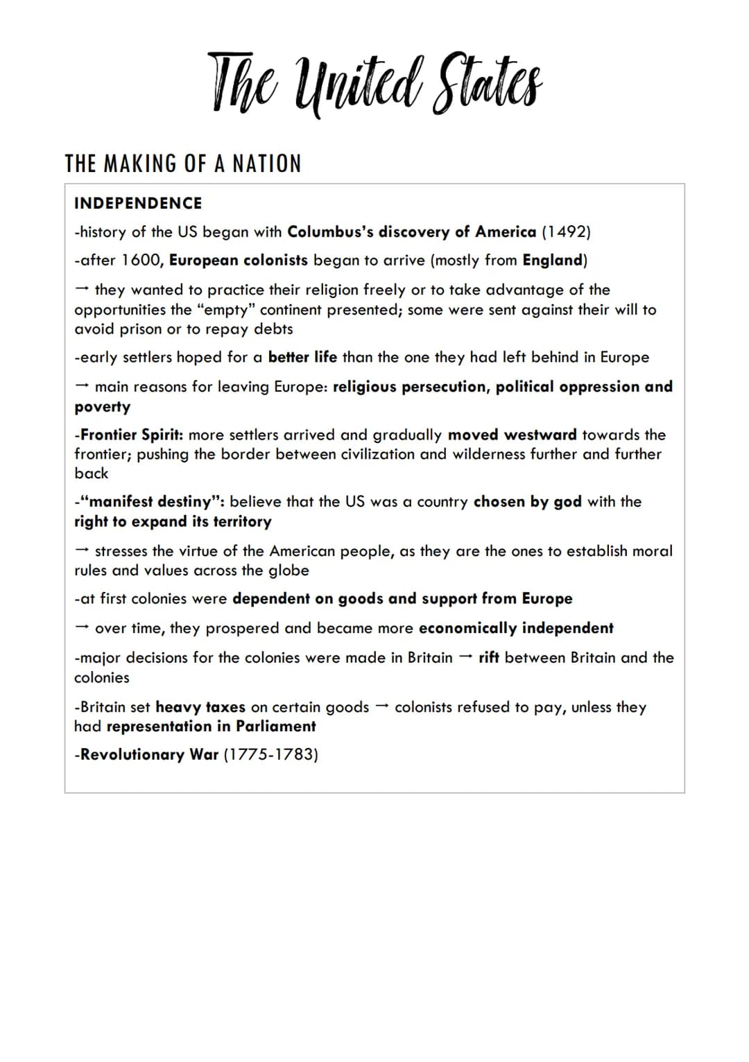 The United States
THE MAKING OF A NATION
INDEPENDENCE
-history of the US began with Columbus's discovery of America (1492)
-after 1600, Euro