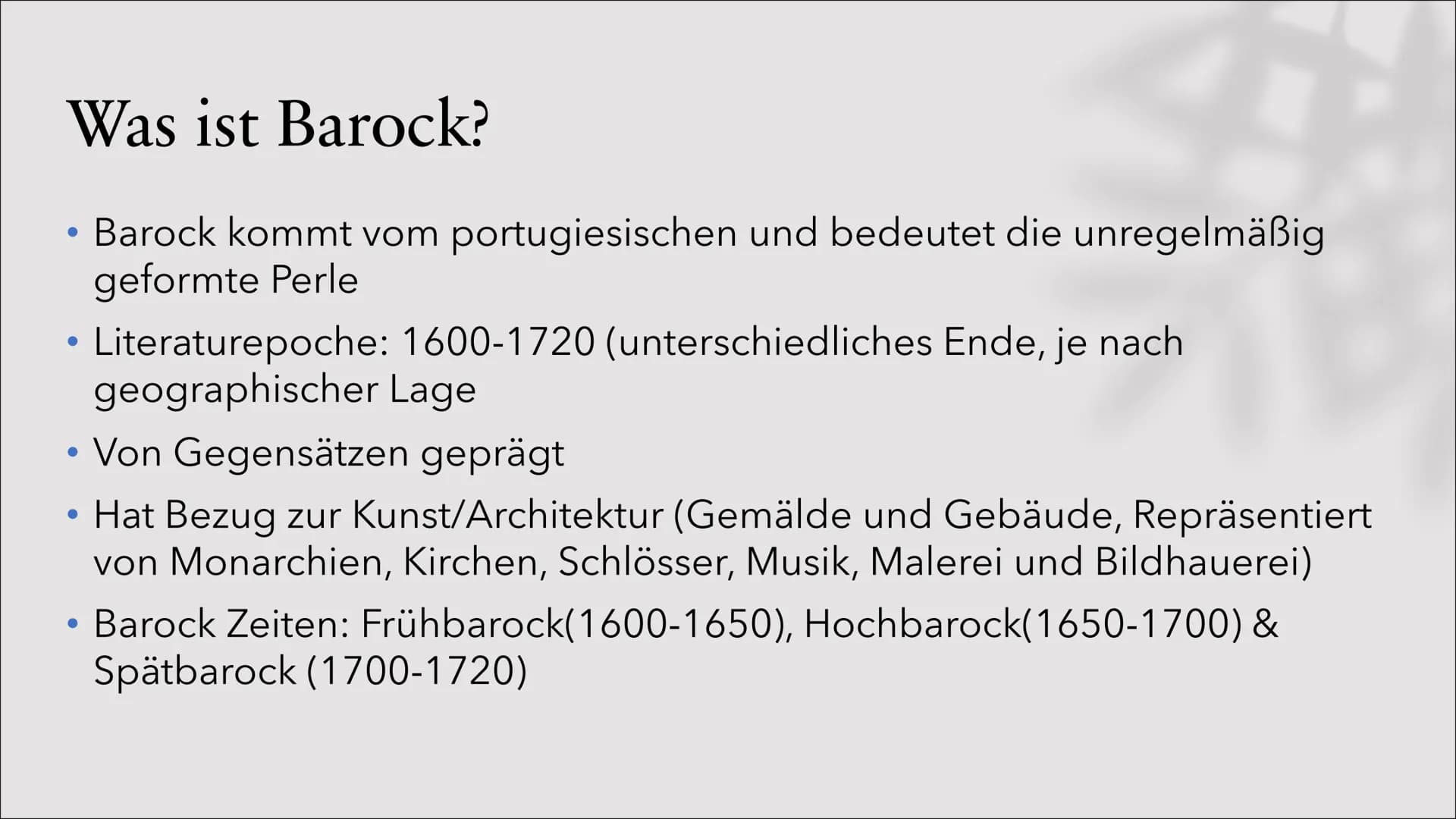 99
Barock
Ariane, Luke, Michael
2 Inhaltsverzeichnis
Was ist Barock?
Wann war es?
Weltanschauung
Motive
Vertreter
Werke
Stilmittel
Gedichtsa