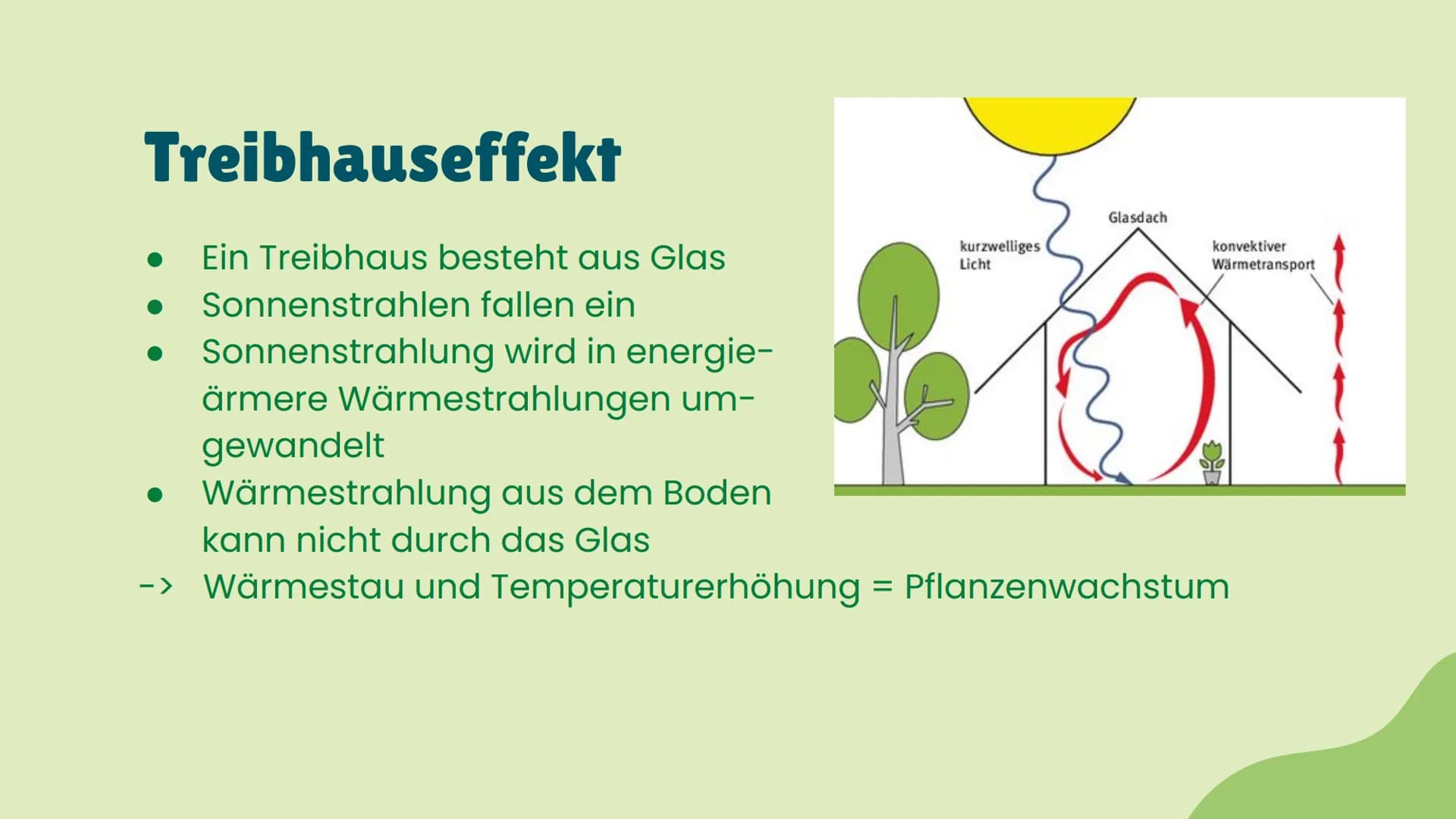 (Natürlicher) Treibhauseffekt
Atmosphäre =
eines Treibhauses
Eintreffen von kurzwelliger Strahlungen der Sonne
➜ Reflexion an den
und der At