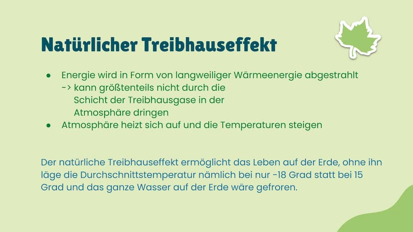 (Natürlicher) Treibhauseffekt
Atmosphäre =
eines Treibhauses
Eintreffen von kurzwelliger Strahlungen der Sonne
➜ Reflexion an den
und der At