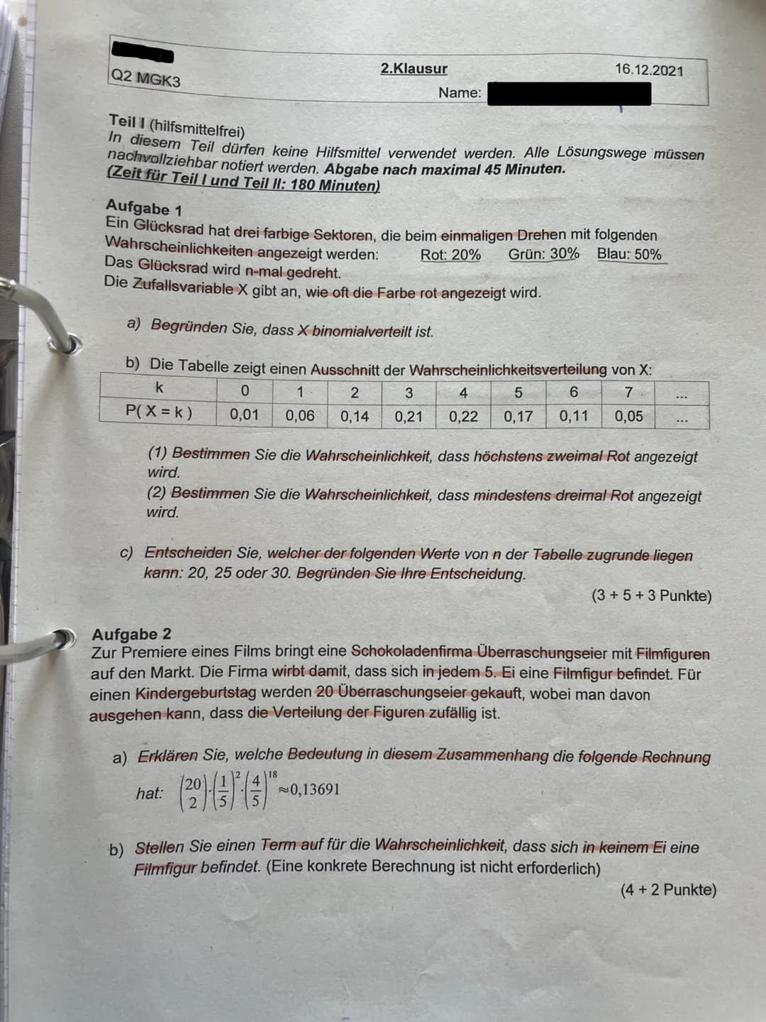 Q2 MGK3
2.Klausur
Name:
Teil 1 (hilfsmittelfrei)
In diesem Teil dürfen keine Hilfsmittel verwendet werden. Alle Lösungswege müssen
nachvollz