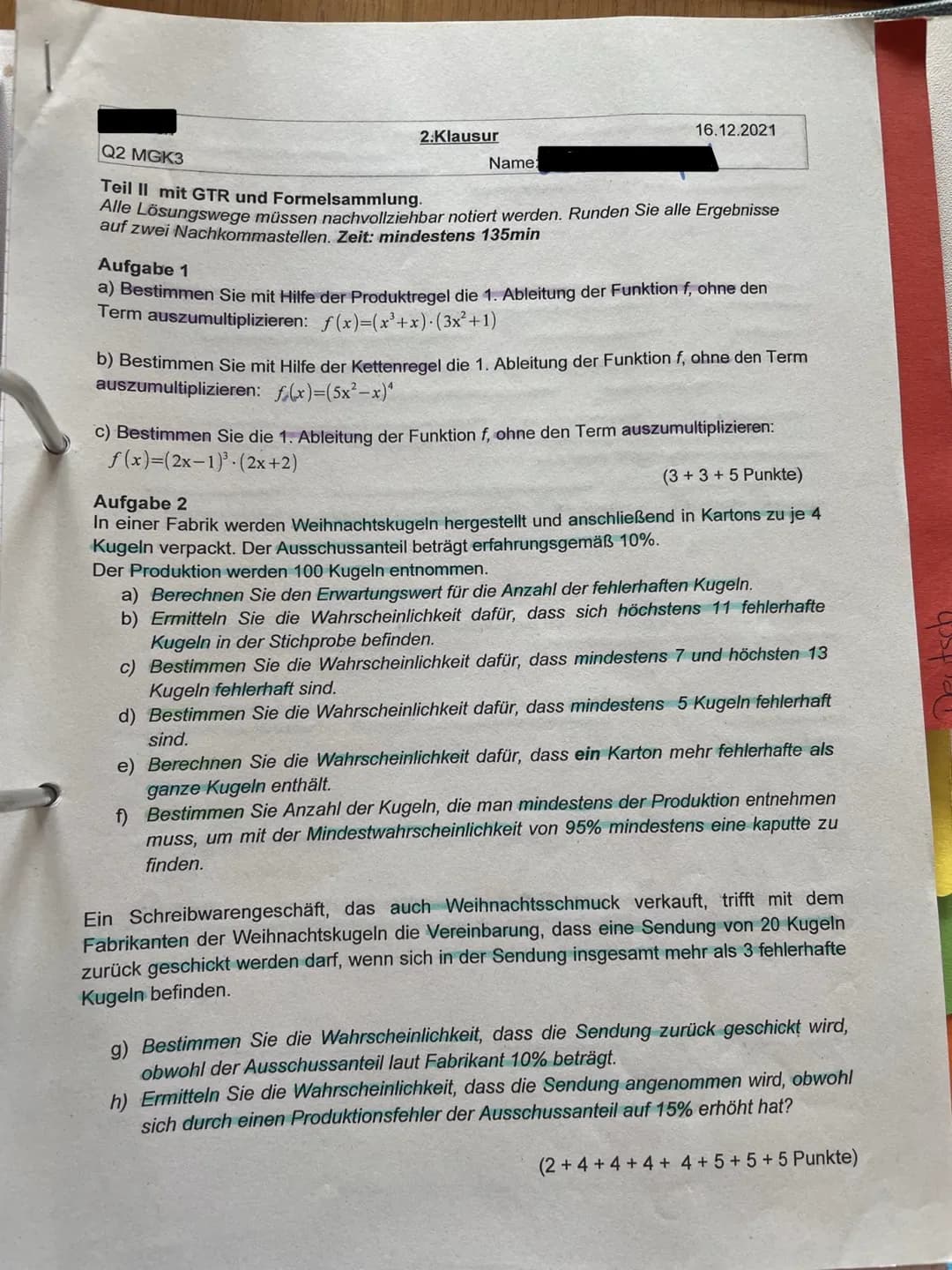 Q2 MGK3
2.Klausur
Name:
Teil 1 (hilfsmittelfrei)
In diesem Teil dürfen keine Hilfsmittel verwendet werden. Alle Lösungswege müssen
nachvollz