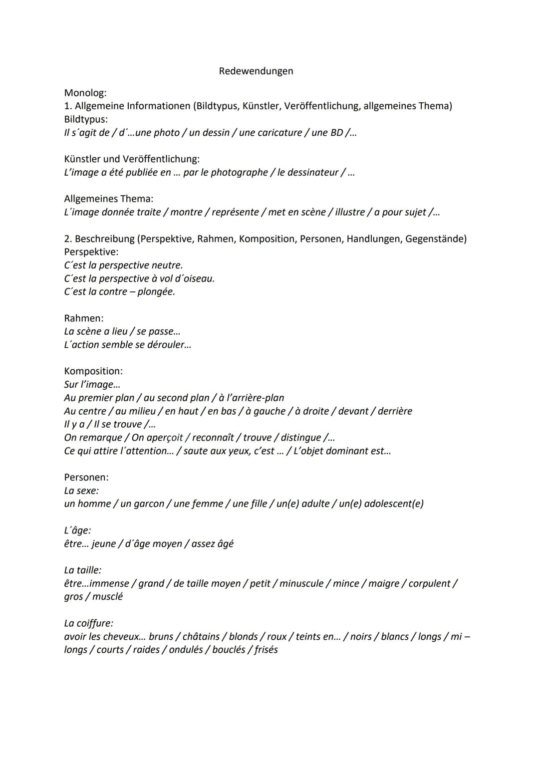 Monolog:
1. Allgemeine Informationen (Bildtypus, Künstler, Veröffentlichung, allgemeines Thema)
Bildtypus:
Il s'agit de/d'...une photo / un 
