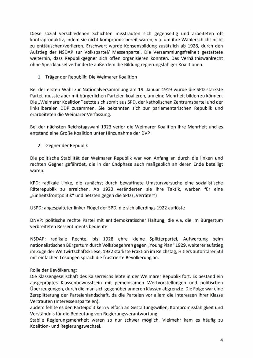 Geschichte Zusammenfassung 11/2 und 12/1
1. Die Weimarer Republik- Demokratie ohne Demokraten
Erster Weltkrieg: 28. Juli. 1914-11. November 