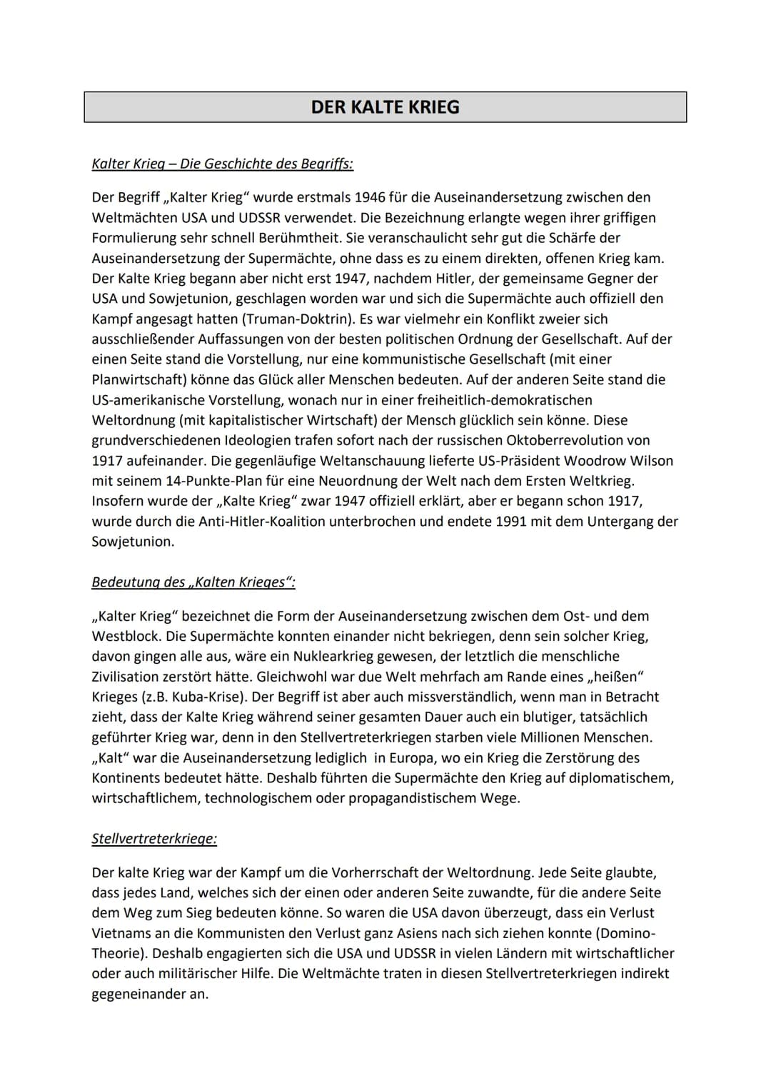 DER KALTE KRIEG
Kalter Krieg - Die Geschichte des Begriffs:
Der Begriff ,,Kalter Krieg" wurde erstmals 1946 für die Auseinandersetzung zwisc