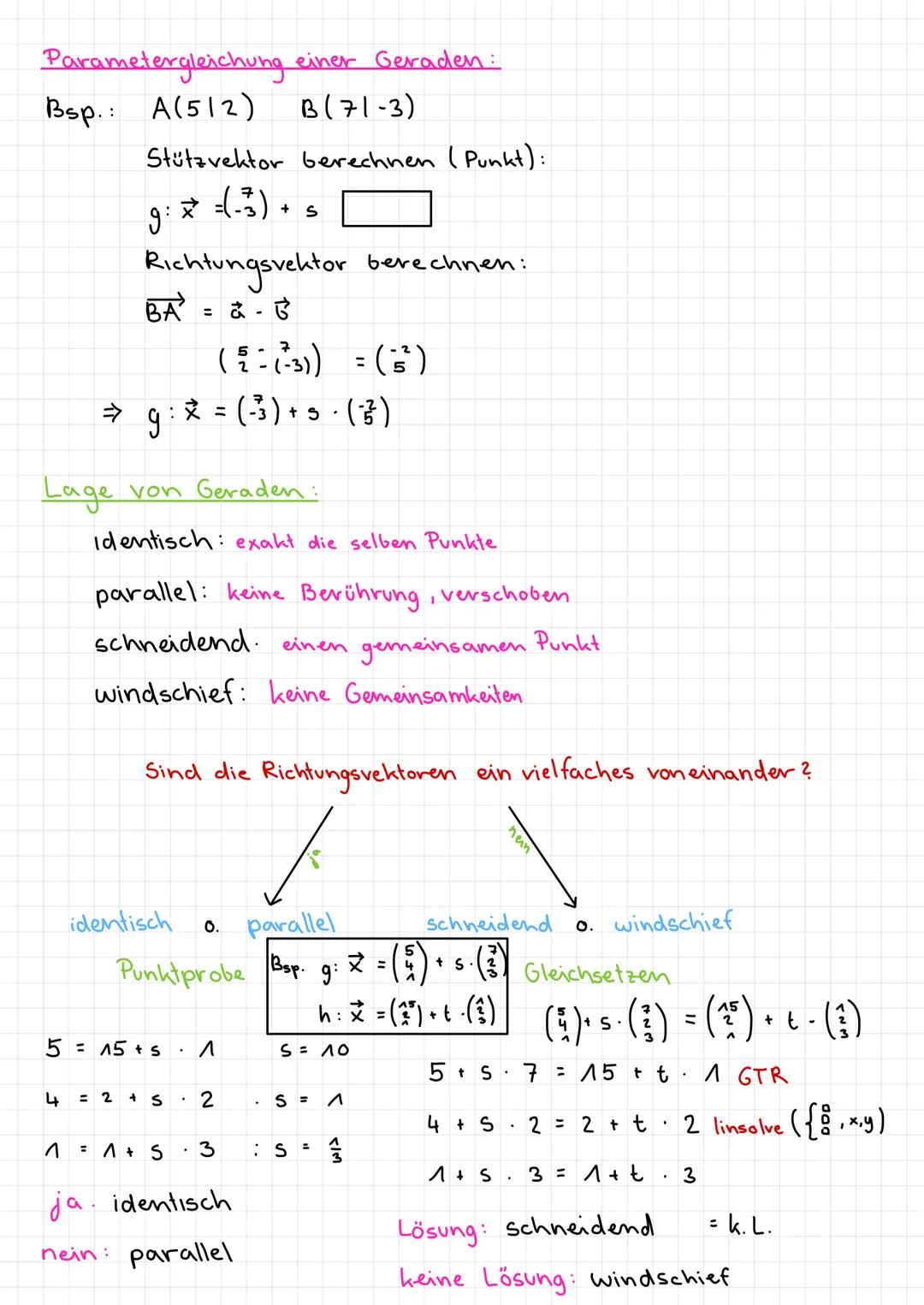 Geraden
Geraden: parameter form: X² = p + r. ū
↳ Stützvektor
p²³: immer ein Ortsvektor
r = 4:
↳ von dem eine weitere Gerade führt
Punkte ein