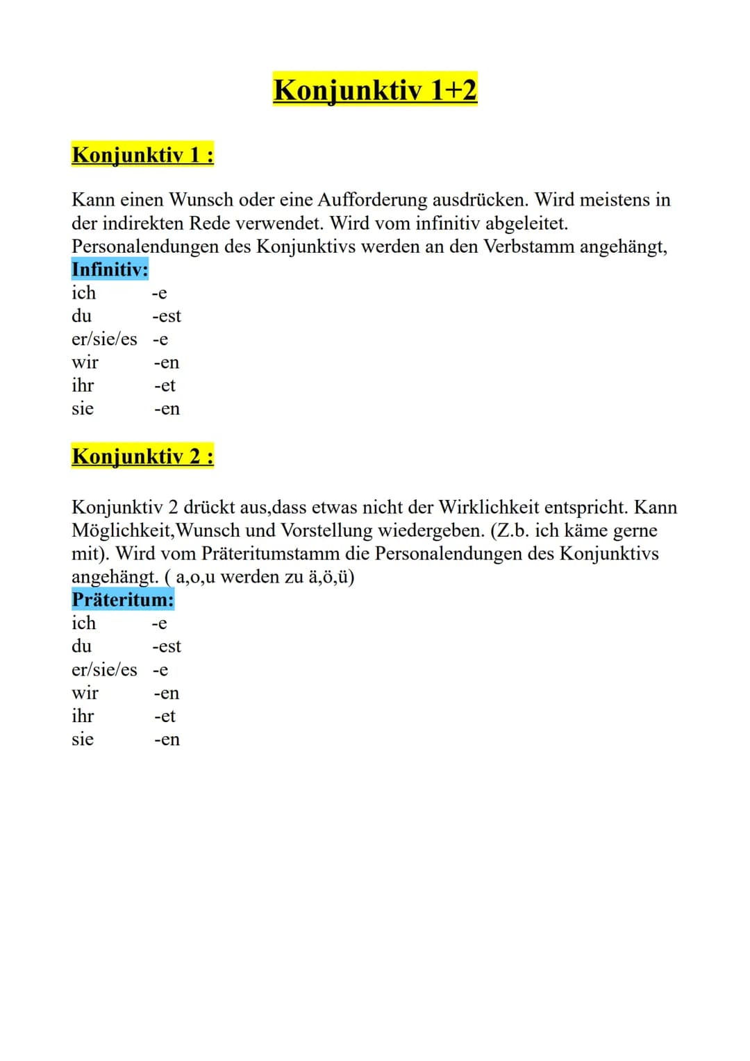 Konjunktiv 1:
Kann einen Wunsch oder eine Aufforderung ausdrücken. Wird meistens in
der indirekten Rede verwendet. Wird vom infinitiv abgele