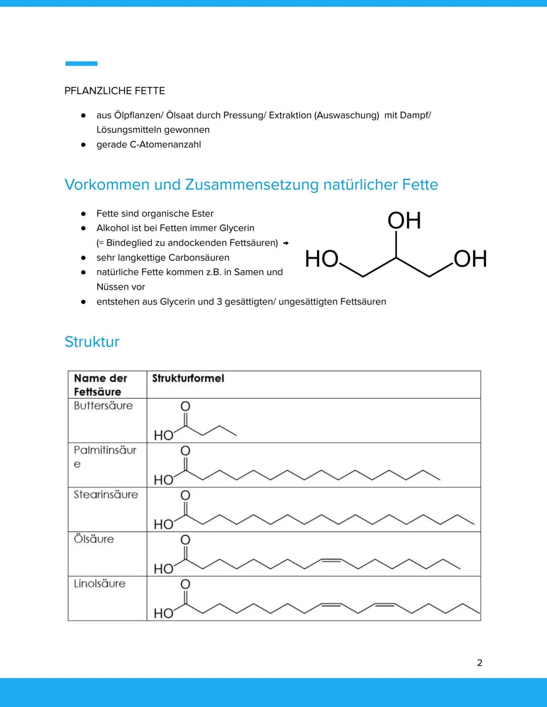 Übersicht
FETTE
Gliederung
1. Allgemeines
2. Herstellung und Bildung
3. Vorkommen und Zusammensetzung natürlicher Fette
4. Struktur (mit Bei