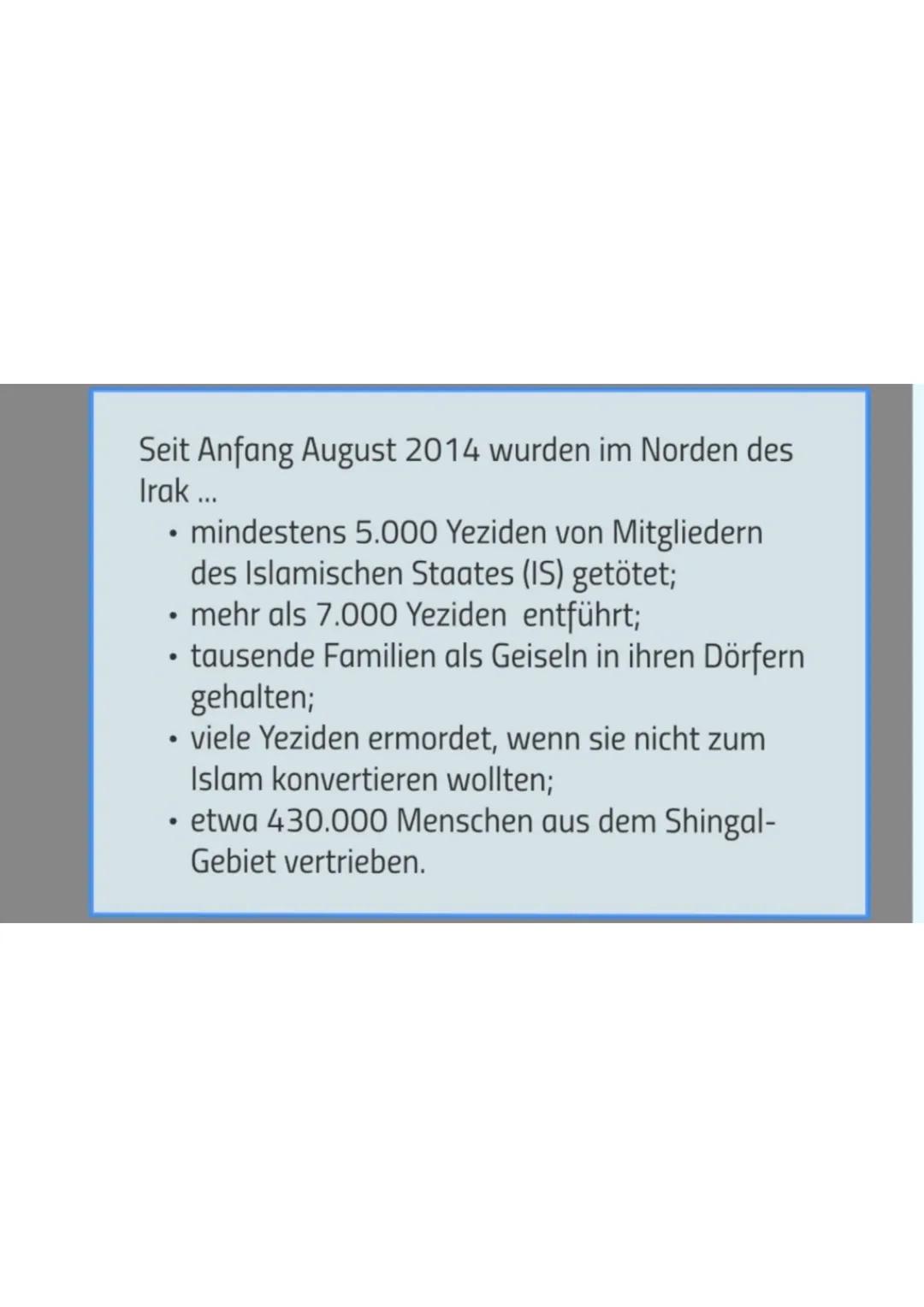 
<p>Die Yeziden sind eine kurdisch sprechende religiöse Minderheit, die im nördlichen Irak, im Nordosten Syriens, dem Südosten der Türkei un