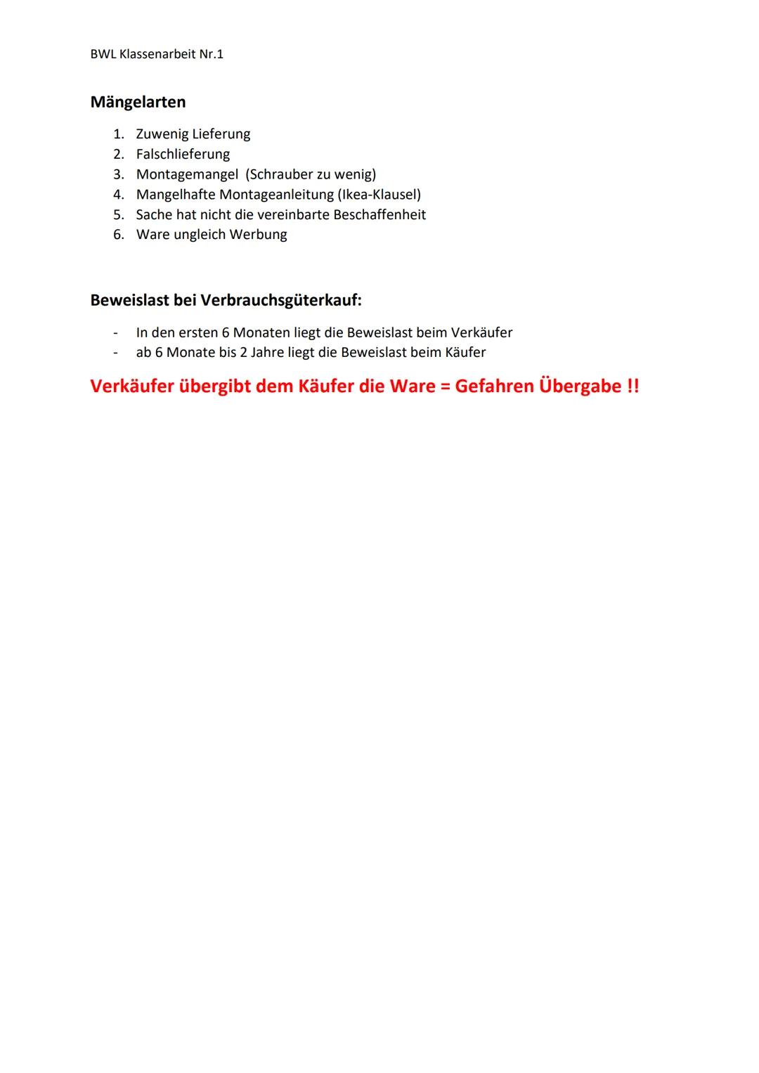 BWL Klassenarbeit Nr.1
1. Geschäftsfähigkeit
= die Fähigkeit Willenserklärungen rechtswirksam abgeben zu können
Kann man unterteilen in drei