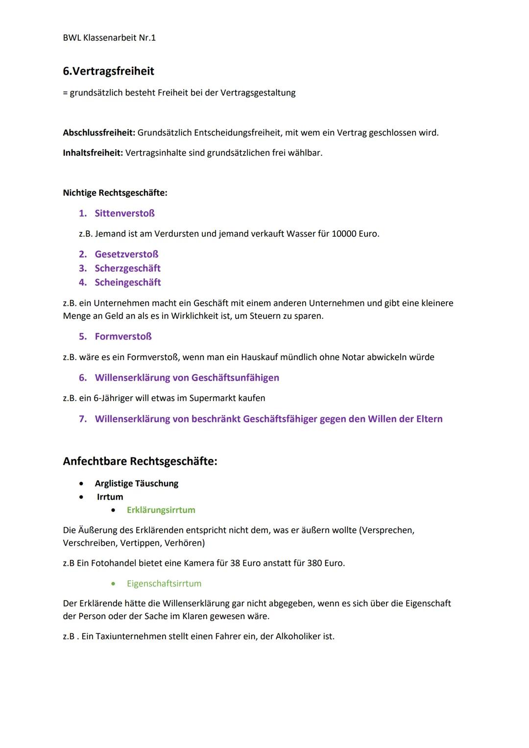 BWL Klassenarbeit Nr.1
1. Geschäftsfähigkeit
= die Fähigkeit Willenserklärungen rechtswirksam abgeben zu können
Kann man unterteilen in drei