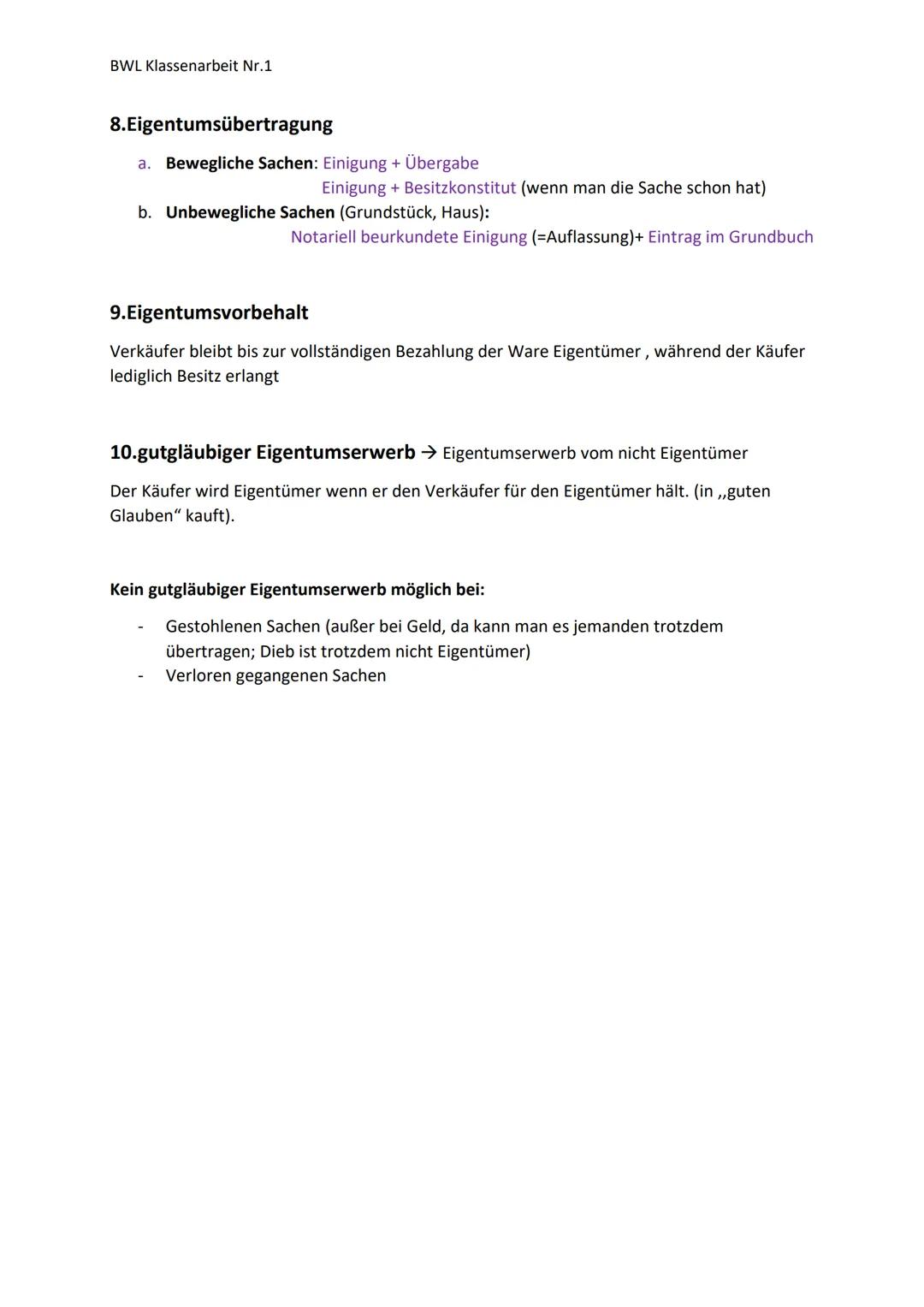 BWL Klassenarbeit Nr.1
1. Geschäftsfähigkeit
= die Fähigkeit Willenserklärungen rechtswirksam abgeben zu können
Kann man unterteilen in drei