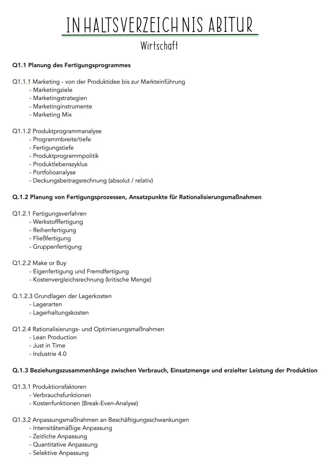 IN HALTSVERZEICHNIS ABITUR
Wirtschaft
Q1.1 Planung des Fertigungsprogrammes
Q1.1.1 Marketing - von der Produktidee bis zur Markteinführung
-
