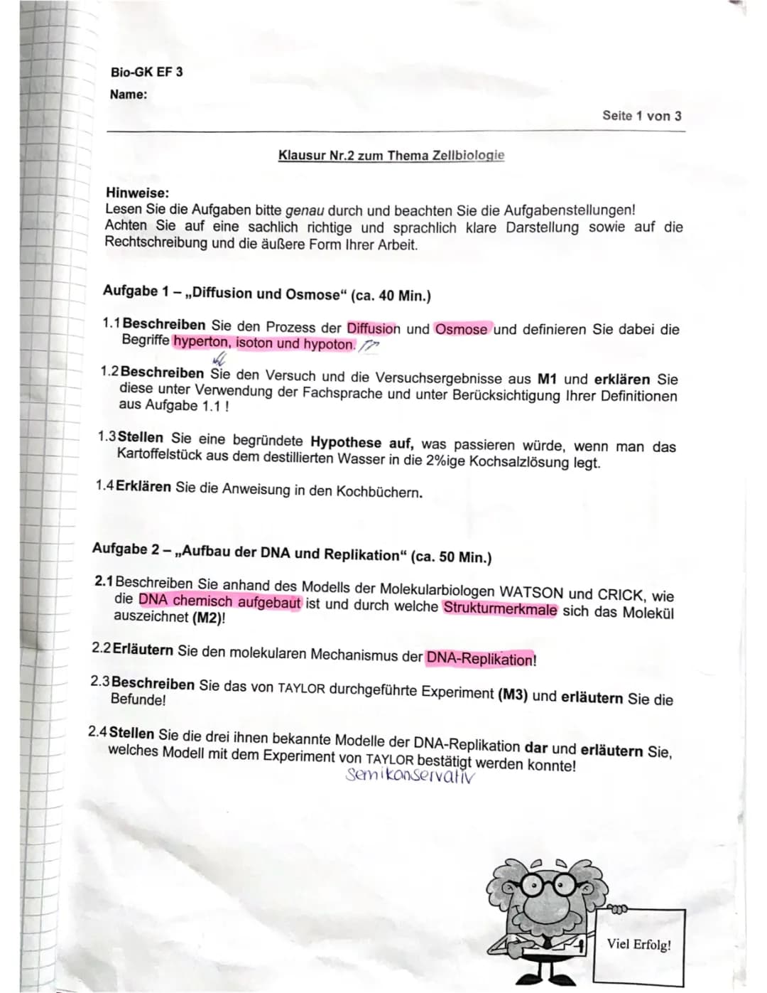 Bio Klausur Thema Zellbiologie 