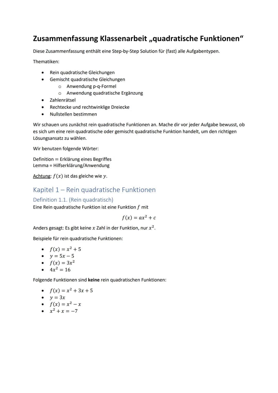 Zusammenfassung Klassenarbeit ,quadratische Funktionen"
Diese Zusammenfassung enthält eine Step-by-Step Solution für (fast) alle Aufgabentyp