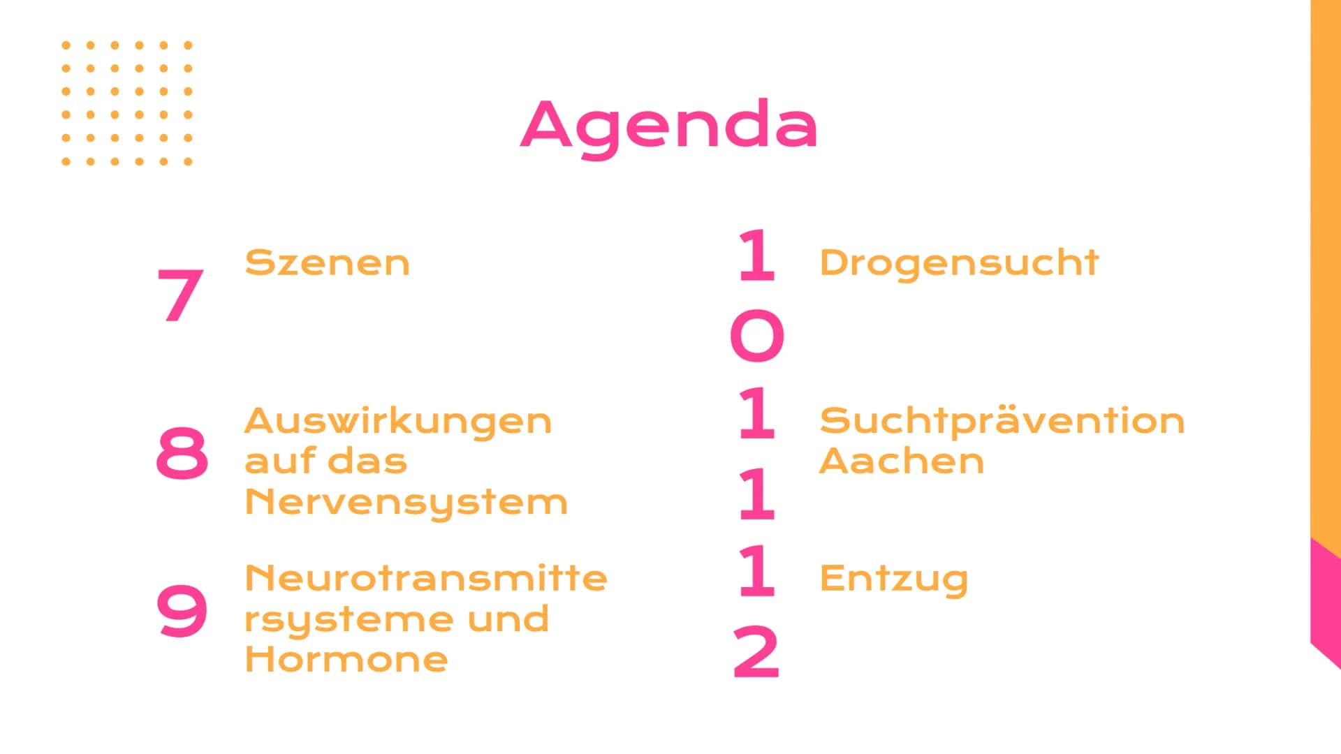 ●
●
●
●
Auswirkungen
von Drogen
Von Frederike und Lina Definition
1 Drogen
2
Beispiele
Was sind
3 Drogen?
Agenda
Legale und
4 illegale Droge