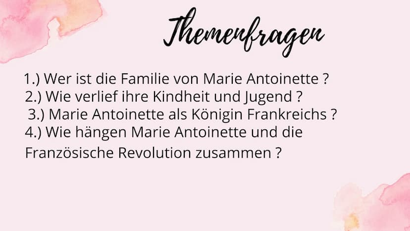 Marie
Antoinette Themenfragen
1.) Wer ist die Familie von Marie Antoinette ?
2.) Wie verlief ihre Kindheit und Jugend ?
3.) Marie Antoinette