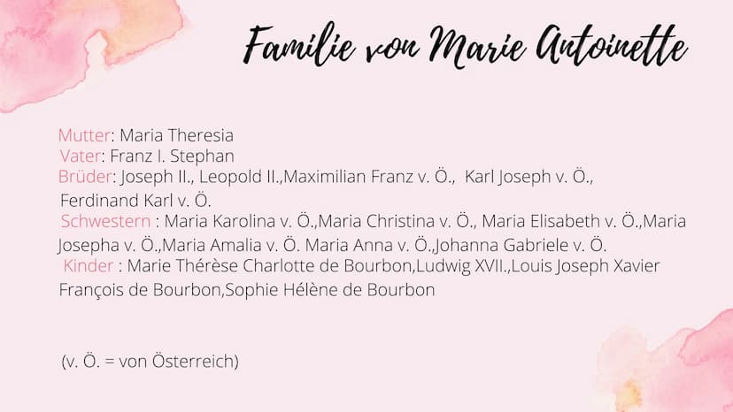 Marie
Antoinette Themenfragen
1.) Wer ist die Familie von Marie Antoinette ?
2.) Wie verlief ihre Kindheit und Jugend ?
3.) Marie Antoinette