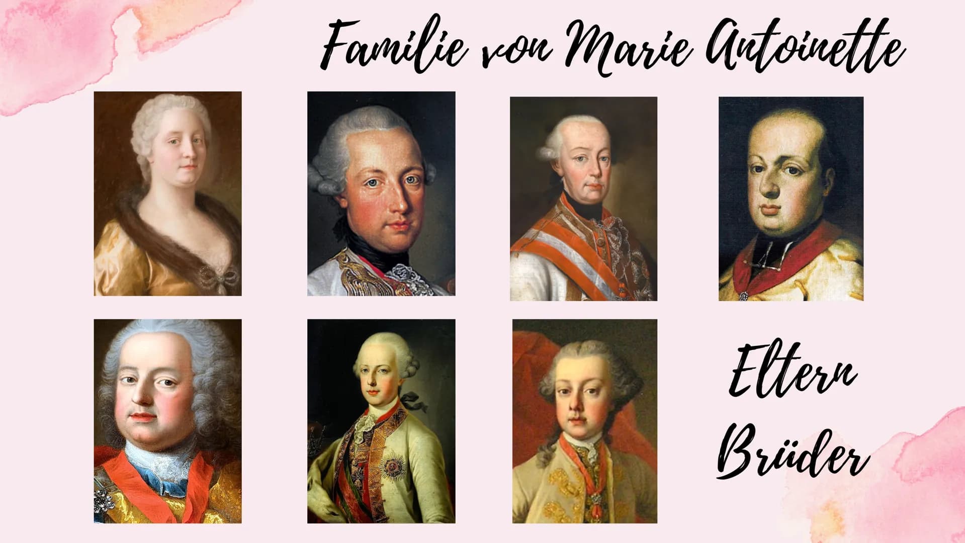 Marie
Antoinette Themenfragen
1.) Wer ist die Familie von Marie Antoinette ?
2.) Wie verlief ihre Kindheit und Jugend ?
3.) Marie Antoinette