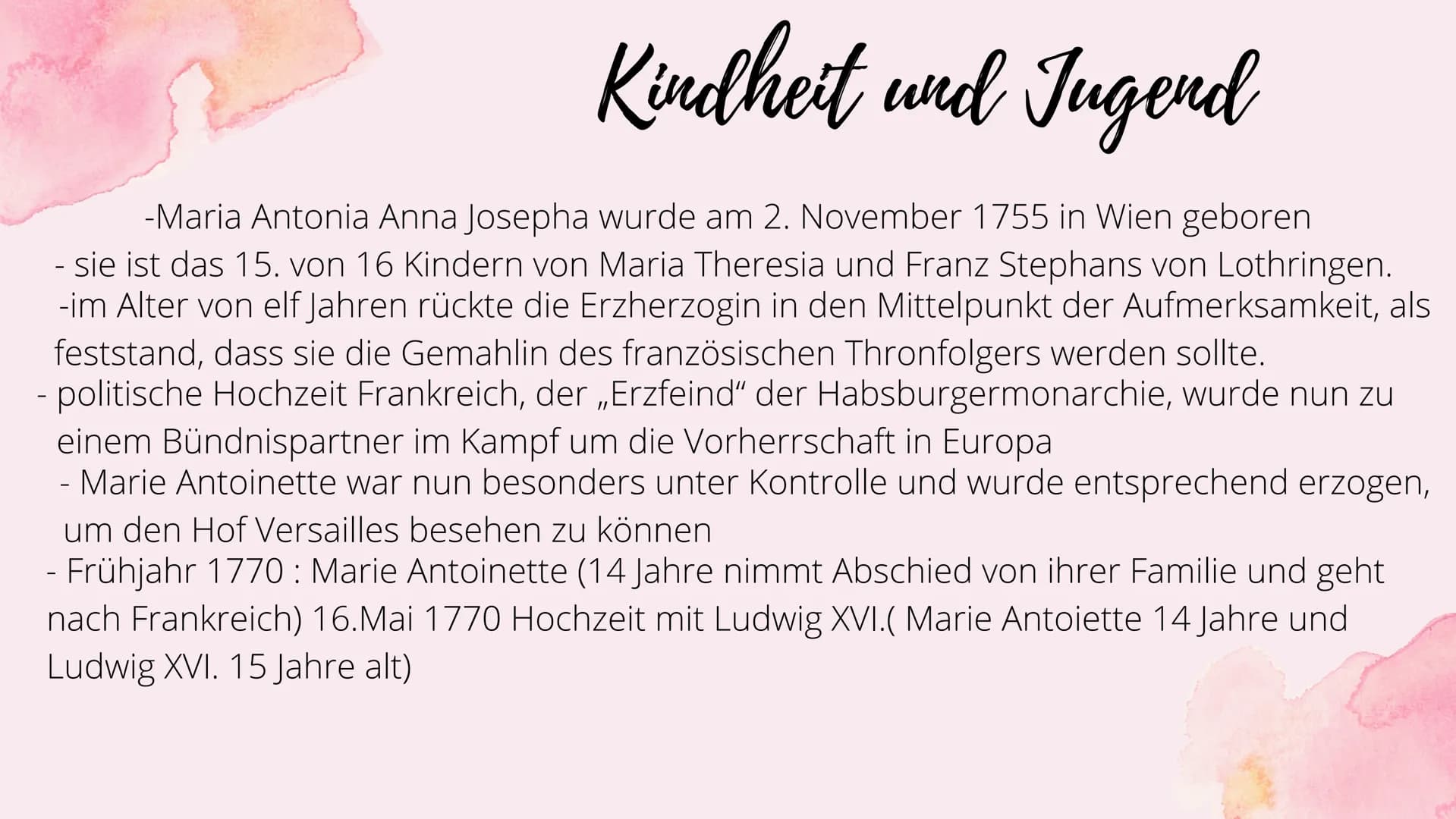 Marie
Antoinette Themenfragen
1.) Wer ist die Familie von Marie Antoinette ?
2.) Wie verlief ihre Kindheit und Jugend ?
3.) Marie Antoinette