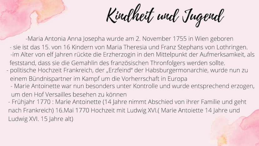 Marie
Antoinette Themenfragen
1.) Wer ist die Familie von Marie Antoinette ?
2.) Wie verlief ihre Kindheit und Jugend ?
3.) Marie Antoinette