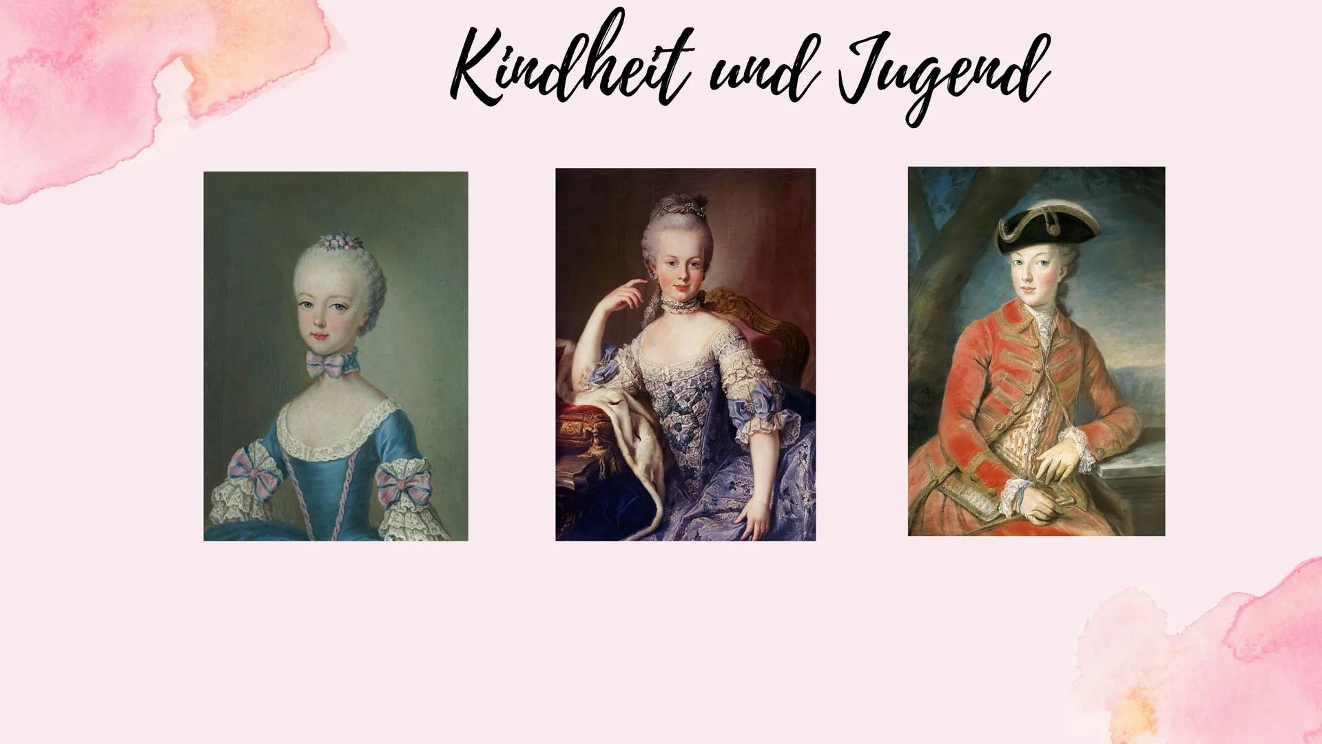 Marie
Antoinette Themenfragen
1.) Wer ist die Familie von Marie Antoinette ?
2.) Wie verlief ihre Kindheit und Jugend ?
3.) Marie Antoinette