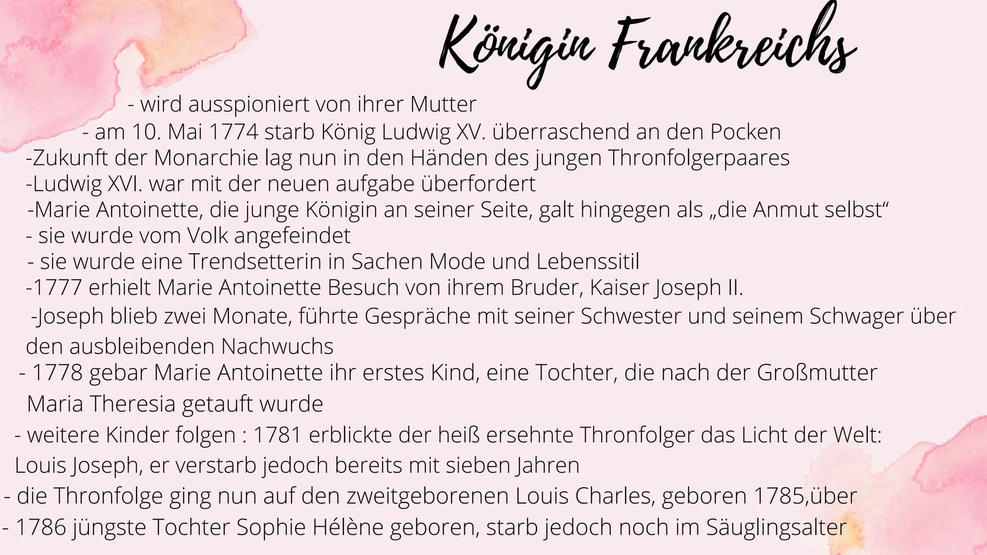 Marie
Antoinette Themenfragen
1.) Wer ist die Familie von Marie Antoinette ?
2.) Wie verlief ihre Kindheit und Jugend ?
3.) Marie Antoinette