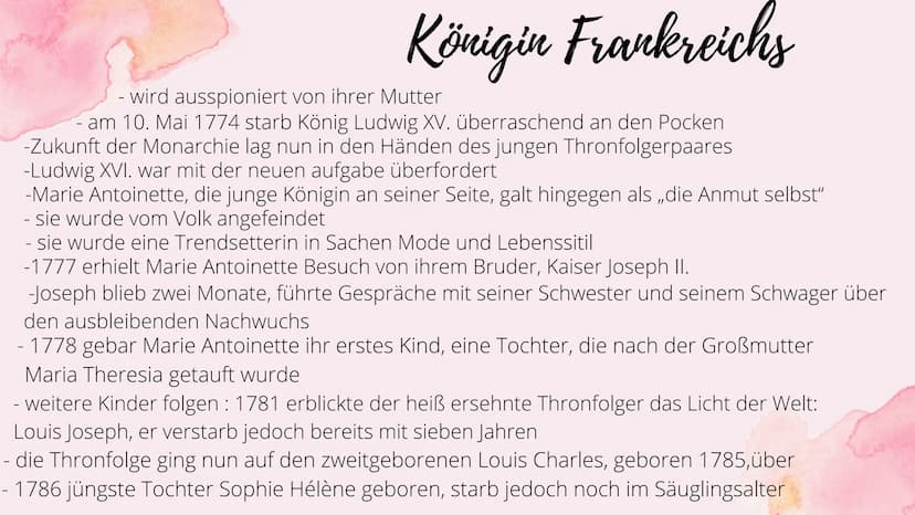 Marie
Antoinette Themenfragen
1.) Wer ist die Familie von Marie Antoinette ?
2.) Wie verlief ihre Kindheit und Jugend ?
3.) Marie Antoinette