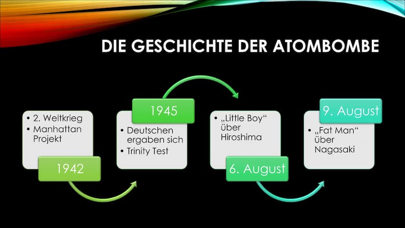 Atombomben ATOMBOMBEN ●
●
Strahlung
ATOMWAFFE WAS IST DAS?
Auch Kernwaffen oder Nuklearwaffen genannt
Explosion beruht auf atomaren unkontro