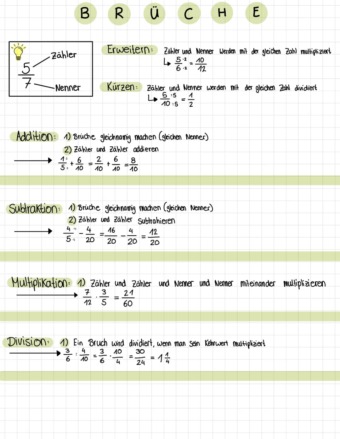 5
7.
-Zähler
B
-Nenner
R
10
=
Ü
Erweitern: Zähler und Nenner werden mit der gleichen Zahl multipliziert
45.2 10
6.2 12
С н
Addition: 1) Brüc