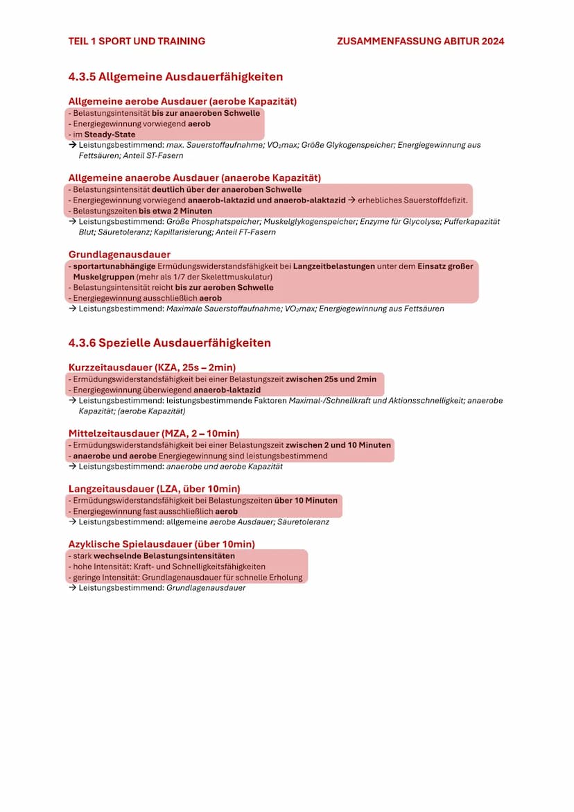 TEIL 1 SPORT UND TRAINING
4. AUSDAUER
ZUSAMMENFASSUNG ABITUR 2024
Im Sport und auch allgemein versteht man unter Ausdauer die physische und 