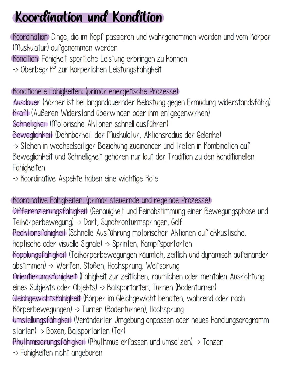 Koordination und Kondition
Koordination Dinge, die im Kopf passieren und wahrgenommen werden und vom Körper
(muskulatur) aufgenommen werden
