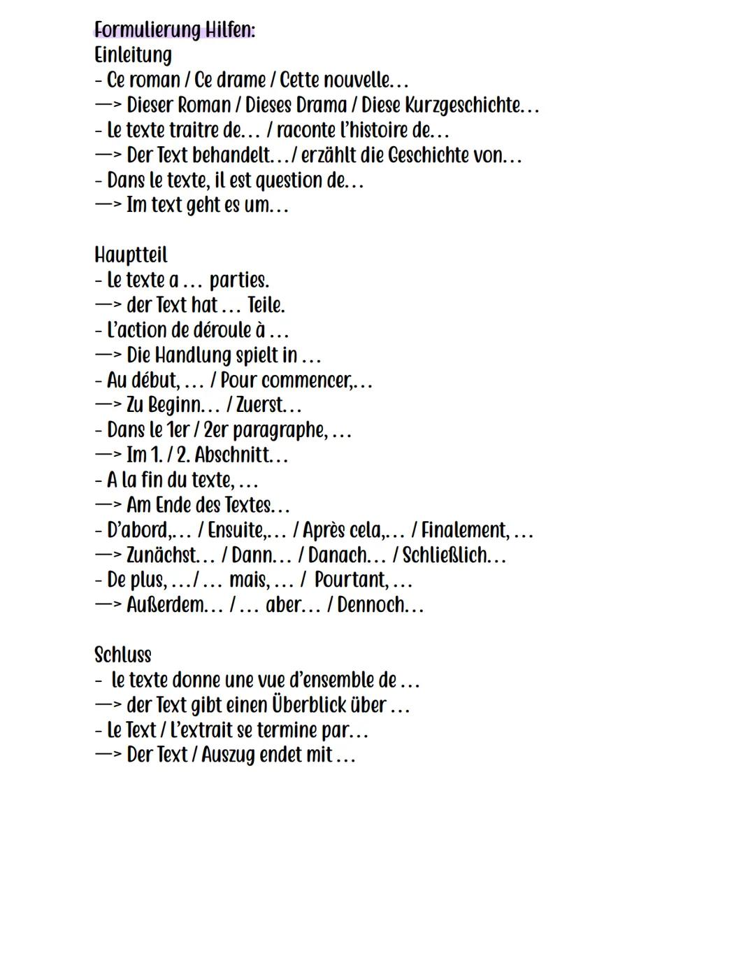 wesentliche Aspekte:
•Handlung des Textes
- wichtigsten Ereignisse
- erwähnte Hauptfiguren
Aufbau eines Résume :
Einleitung introduction:
- 