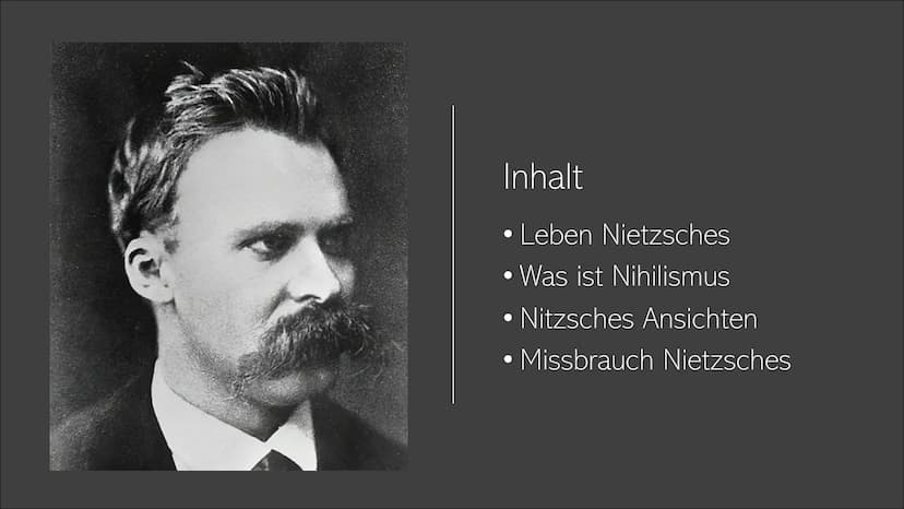 Du gehst zu Frauen? Vergiss
die Peitsche nicht! Friedrich Nietzsche
Nihilismus
(1844-1900) Inhalt
Leben Nietzsches
• Was ist Nihilismus
●
●

