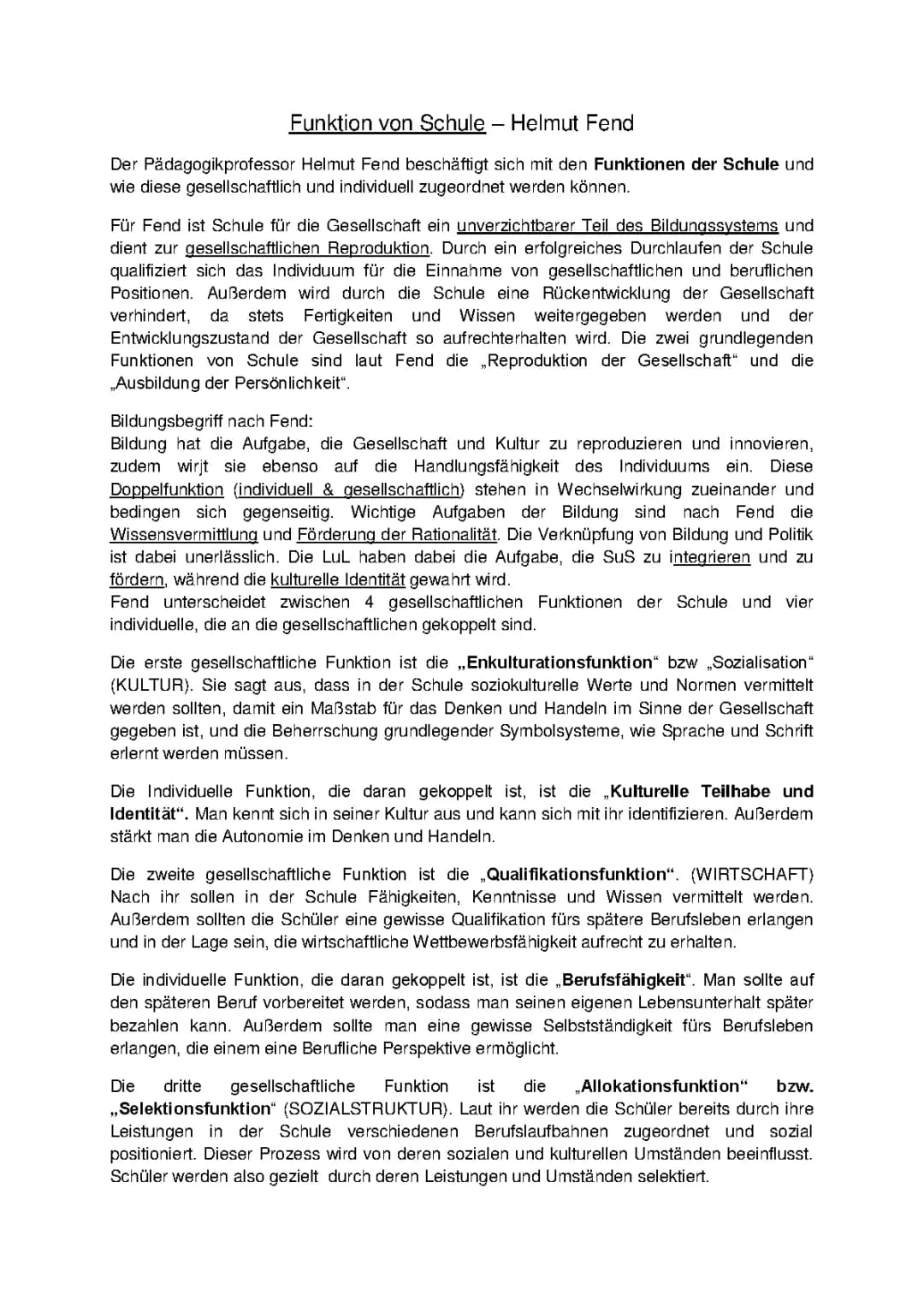 Schulfunktionen nach Helmut Fend: Einfach erklärt für Schüler