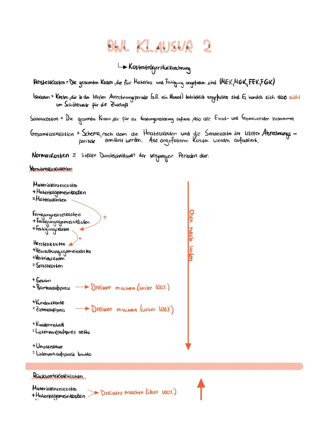 OWL KLAUSUR 2
↳ Kostenträgerstücknechrung
HerstellKosten - Die gesamten Kosten, die für Material und Fertigung angefallen sind MEK, MGK, FEK