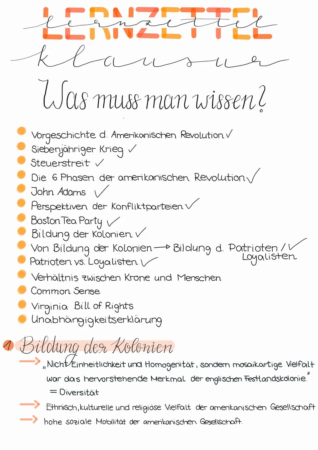 LERNZETTEL
FFEE
kla
Was muss man wissen?
Vorgeschichte d. Amerikanischen Revolution ✓
Siebenjähriger Krieg ✓
Steuerstreit ✓
Die 6 Phasen der