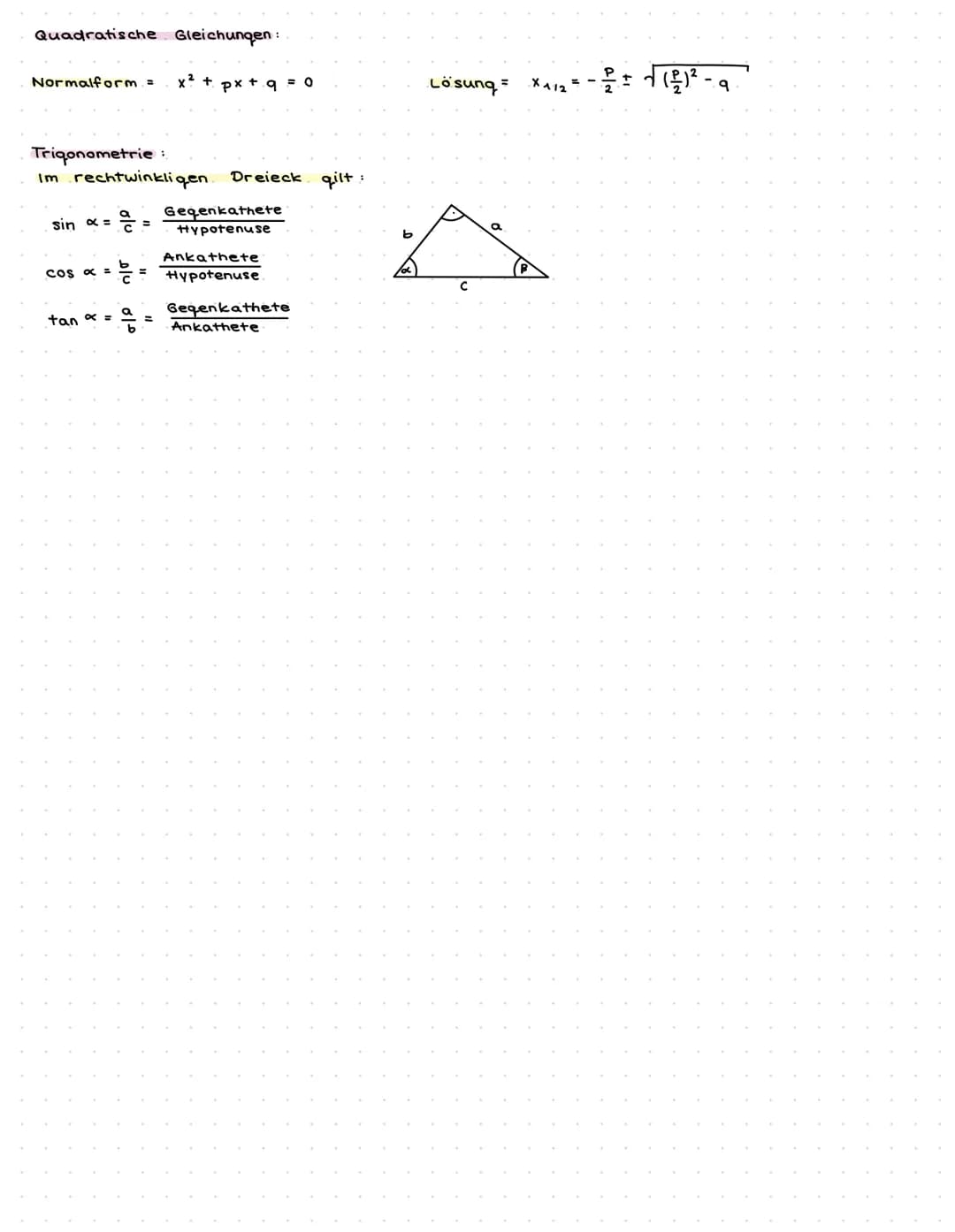 formelsammlung: 10. Klasse
Fiquren: A= Flächeninhalt
Quadrat:
A = 9²
u = 4:a
Dreieck :
A: 9. hg
2
u= a + b + c
Trapez:
a+c
2
A=
h
a
Satz des